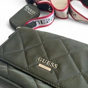 GUESS Quilted Olive Green Crossbody with Logo Webbing Strap